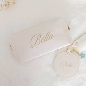 Personalized toiletry bag + mirror keyring set