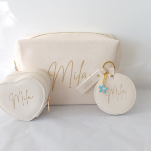 Personalized set (large toiletry bag + keyring mirror + jewelry box)